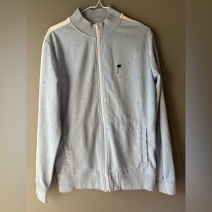Kultivate, size small, Amsterdam men’s light blue zip up sweater with palm trees